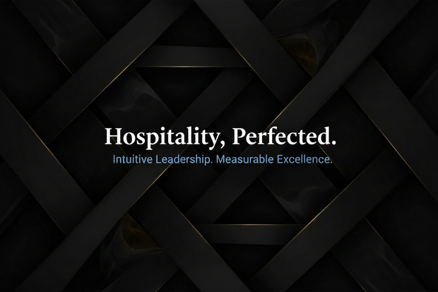 A dark promotional graphic with the text 'Hospitality, Perfected.' in white and 'Intuitive Leadership, hospitality consultancy company in UAE